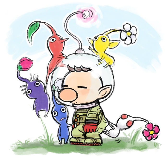 red pikmin, olimar, yellow pikmin, blue pikmin, purple pikmin, and 1 more (pikmin) drawn by nijuumaru