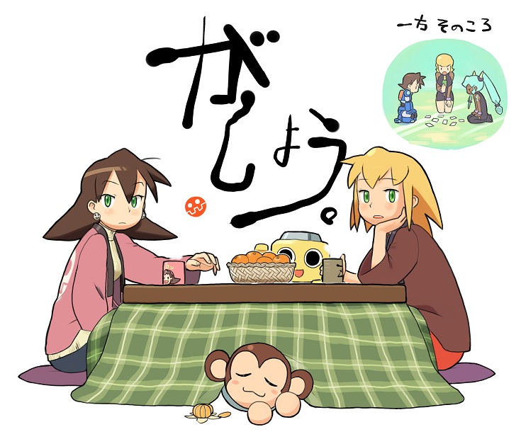 tron bonne, roll caskett, servbot, mega man volnutt, data, and 2 more (mega man and 1 more) drawn by kin_niku