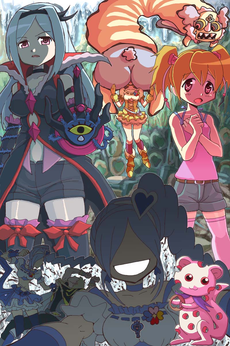 kyubey, charlotte, higashi setsuna, momozono love, yamabuki inori, and 9 more (mahou shoujo madoka magica and 2 more) drawn by chiffon and mitsurou