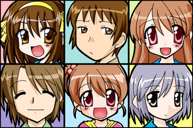 suzumiya haruhi, nagato yuki, asahina mikuru, kyon, koizumi itsuki, and 1 more (suzumiya haruhi no yuuutsu) drawn by c-chaos