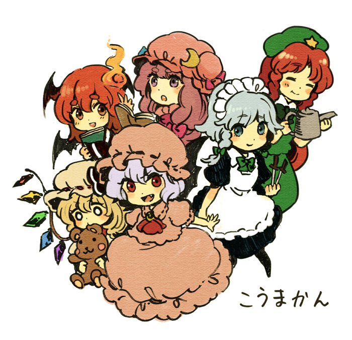 remilia scarlet, flandre scarlet, izayoi sakuya, patchouli knowledge, hong meiling, and 1 more (touhou) drawn by meeko