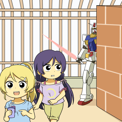 tojo nozomi, ayase eli, and rx-78-2 gundam (love live! and 3 more) drawn by shiitake_nabe_tsukami