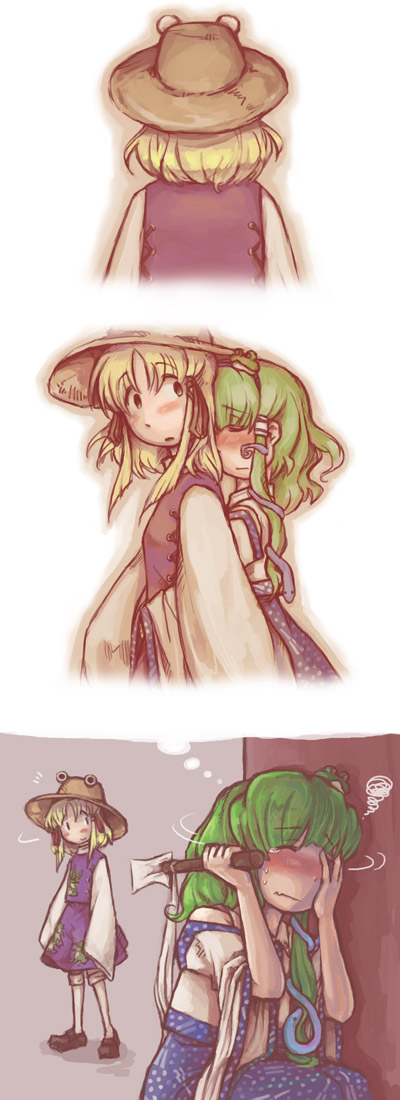 kochiya sanae, moriya suwako, and pyonta (touhou) drawn by buranantoka