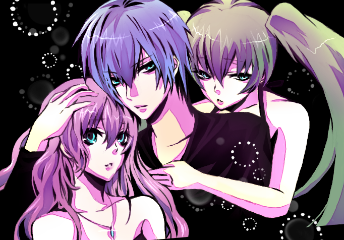hatsune miku, megurine luka, and kaito (vocaloid and 1 more) drawn by tsutaya