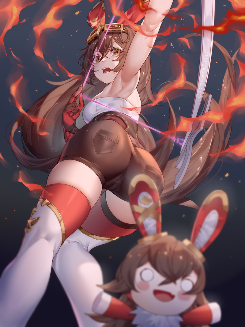 amber and baron bunny (genshin impact) drawn by ginklaga