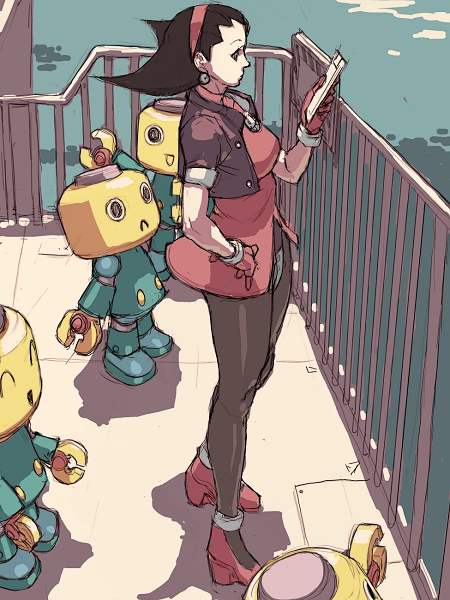 tron bonne and servbot (mega man and 1 more) drawn by junny