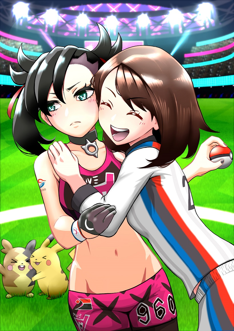 pikachu, marnie, gloria, and morpeko (pokemon and 1 more) drawn by nabe_puyo