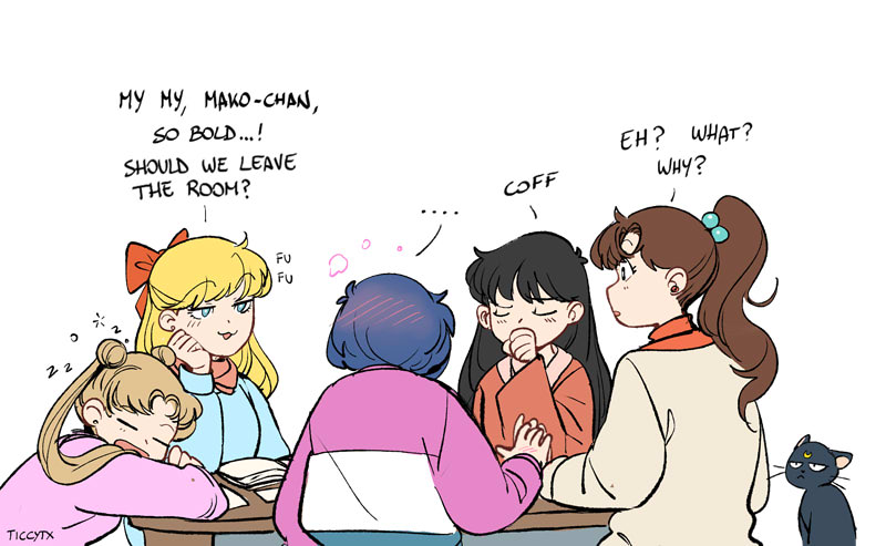 tsukino usagi, mizuno ami, aino minako, hino rei, kino makoto, and 1 more (bishoujo senshi sailor moon) drawn by ticcy