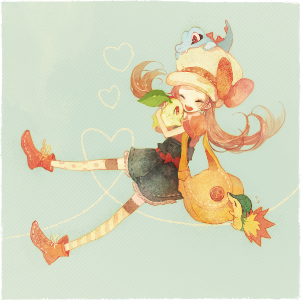 lyra, cyndaquil, chikorita, and totodile (pokemon and 1 more) drawn by pechika