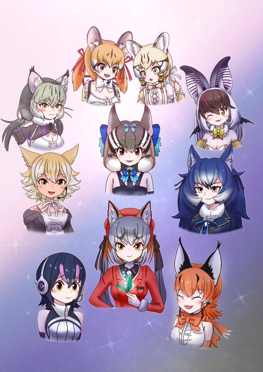 island fox, humboldt penguin, caracal, brown long-eared bat, coyote, and 5 more (kemono friends and 1 more) drawn by equalarrow