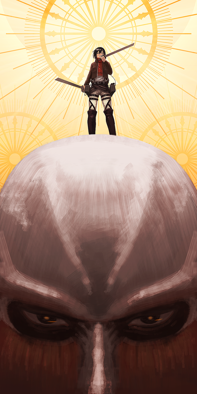 mikasa ackerman, titan, and colossal titan (shingeki no kyojin) drawn by yue_(tada_no_saboten)