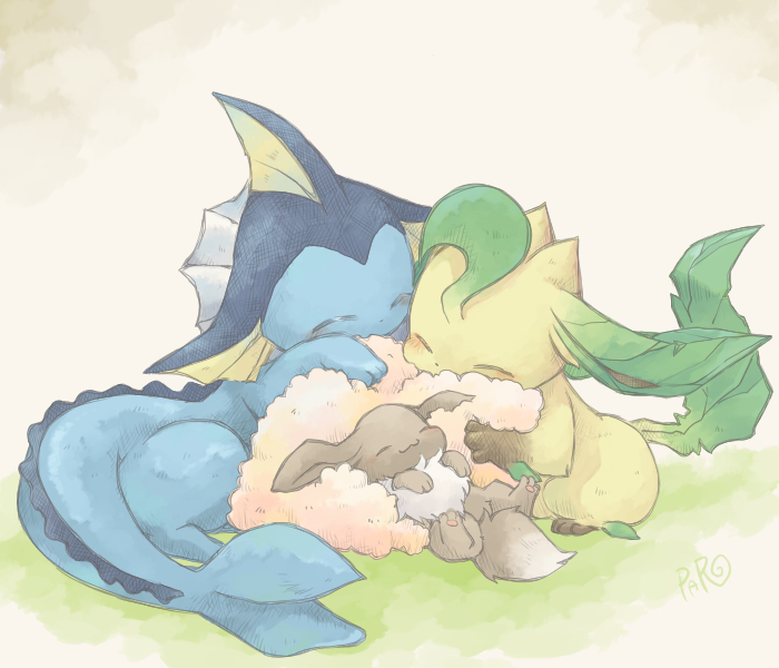 eevee, vaporeon, and leafeon (pokemon) drawn by paro_(sorageshiki)