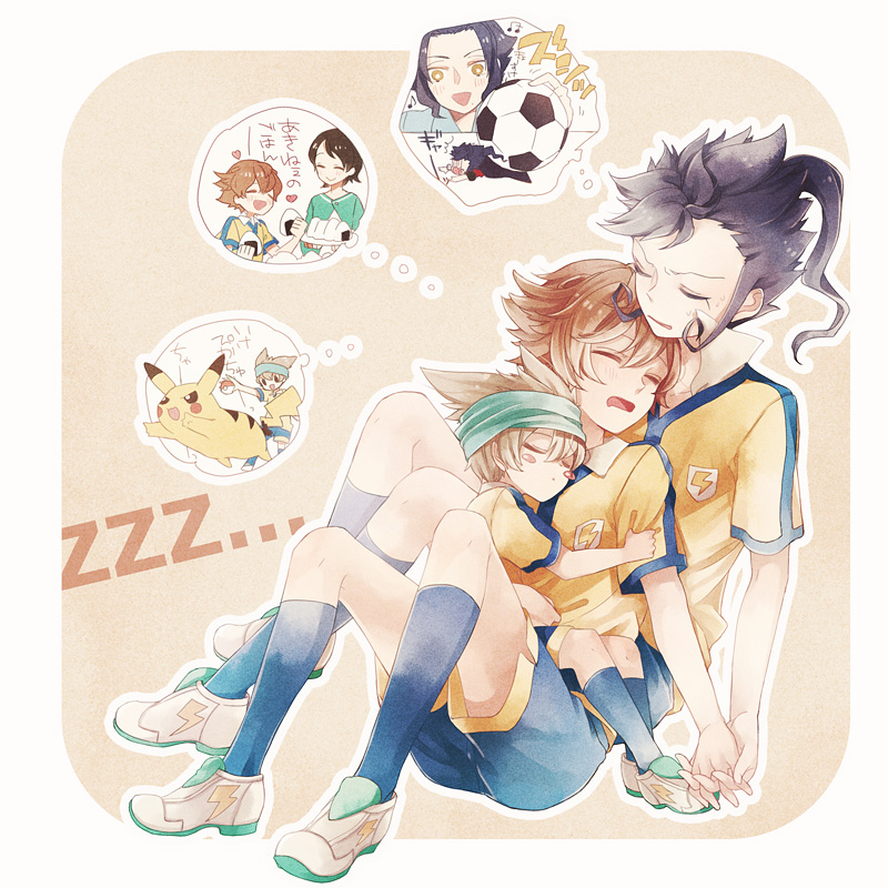 pikachu, matsukaze tenma, tsurugi kyousuke, kino aki, nishizono shinsuke, and 1 more (pokemon and 2 more) drawn by maico_(a218)