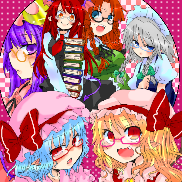 remilia scarlet, flandre scarlet, izayoi sakuya, patchouli knowledge, hong meiling, and 1 more (touhou) drawn by takamura