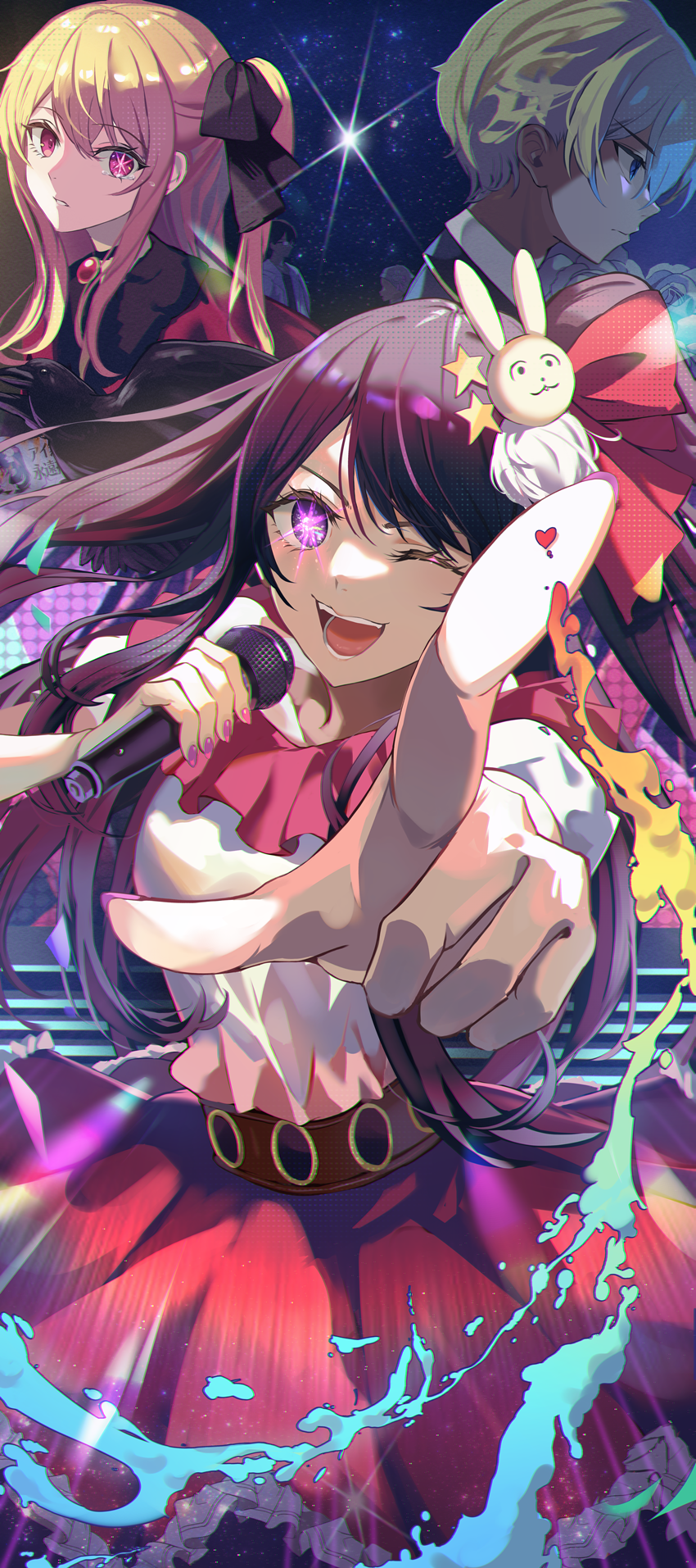 hoshino ai, hoshino ruby, hoshino aquamarine, amamiya gorou, and tendouji sarina (oshi no ko) drawn by niac