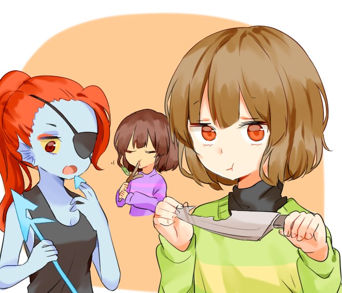 frisk, chara, and undyne (undertale) drawn by misha_(hoongju)