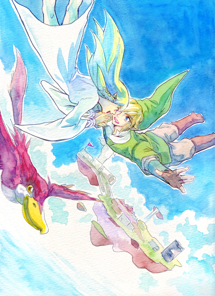 link, princess zelda, and loftwing (the legend of zelda and 1 more) drawn by piggy_ho_ho