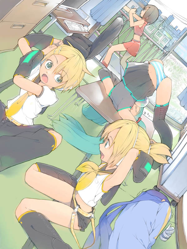hatsune miku, kagamine rin, kagamine len, kaito, and meiko (vocaloid) drawn by akinbo_(hyouka_fuyou)