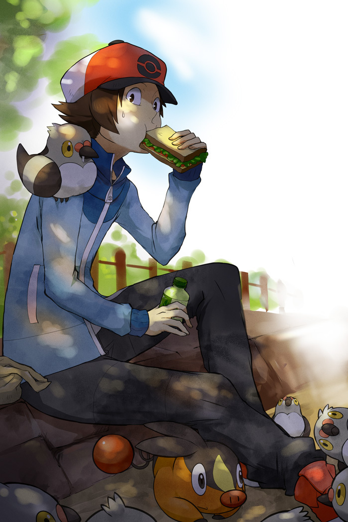 hilbert, tepig, and pidove (pokemon and 1 more) drawn by mikami