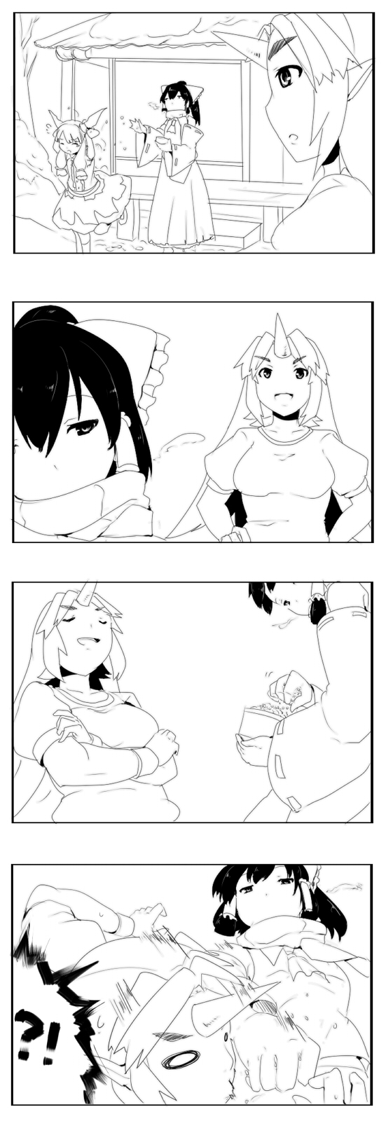 hakurei reimu, ibuki suika, and hoshiguma yuugi (touhou) drawn by magukappu