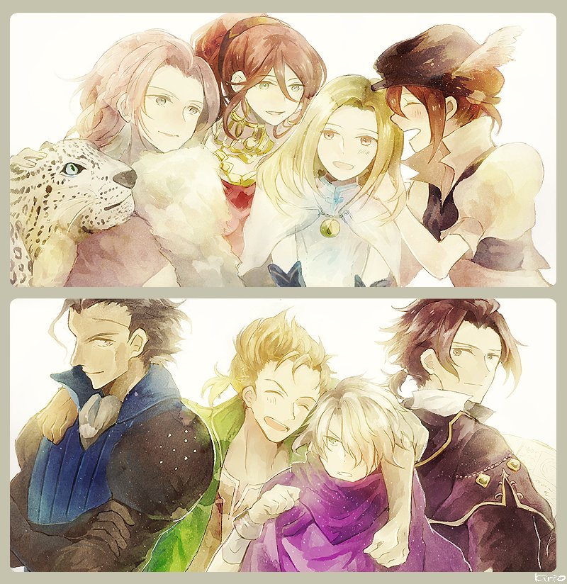 therion, tressa colzione, ophilia clement, primrose azelhart, cyrus albright, and 4 more (octopath traveler and 1 more) drawn by okii