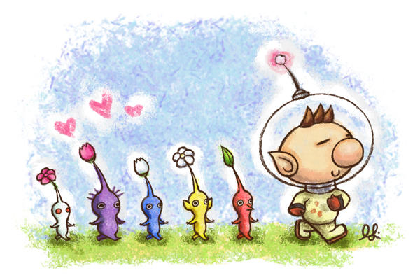 red pikmin, olimar, yellow pikmin, blue pikmin, purple pikmin, and 1 more (pikmin) drawn by phatpandax3