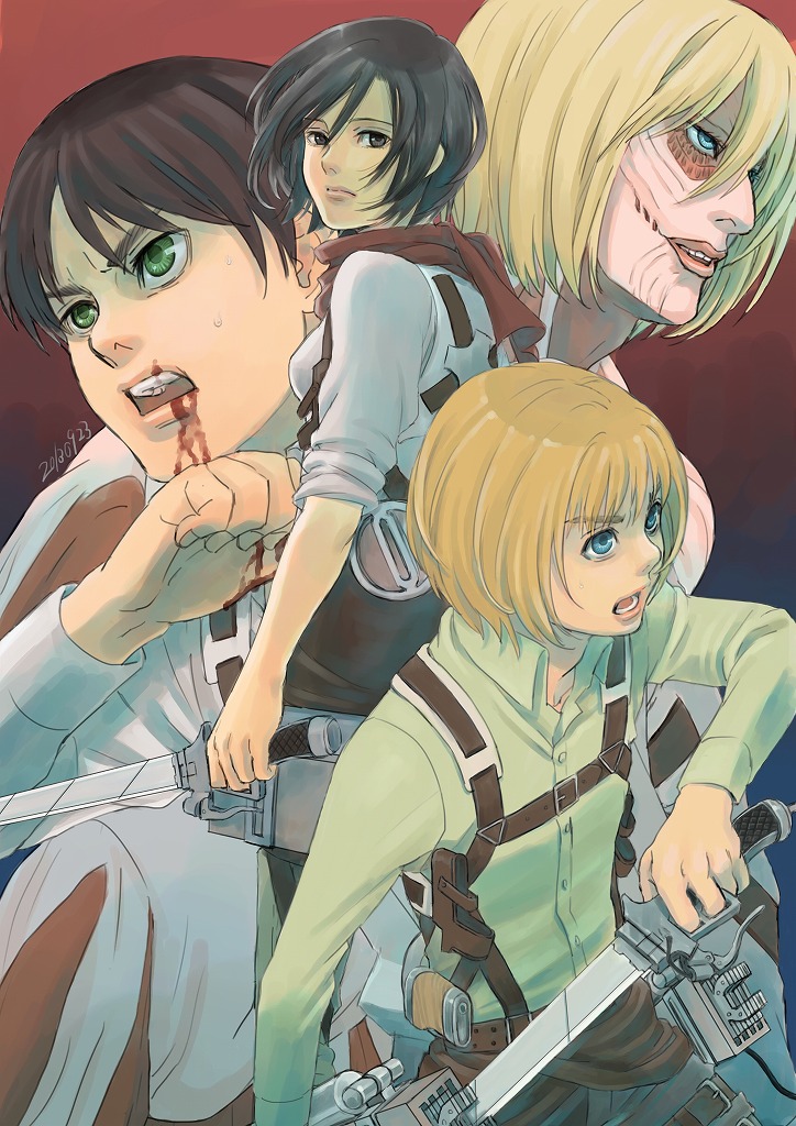 mikasa ackerman, eren yeager, armin arlert, titan, and female titan (shingeki no kyojin) drawn by ganyapin
