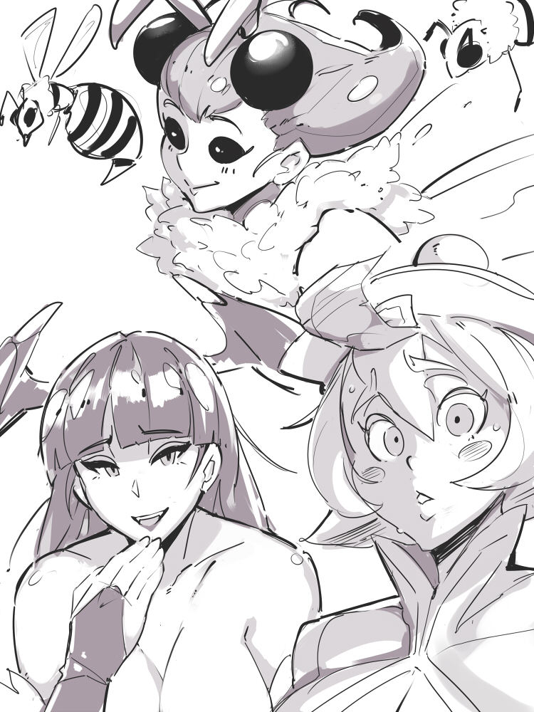 morrigan aensland, hsien-ko, and q-bee (darkstalkers) drawn by zako_(arvinry)