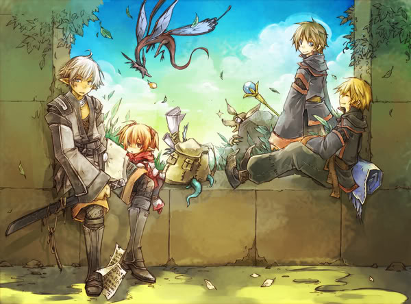adventurer, white mage, black mage, and ninja (final fantasy and 1 more) drawn by fujiwara_akina