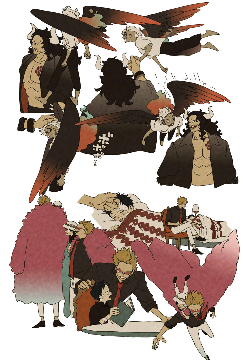 trafalgar law, donquixote doflamingo, kaidou, and king (one piece) drawn by chizuko_(chiduk0)