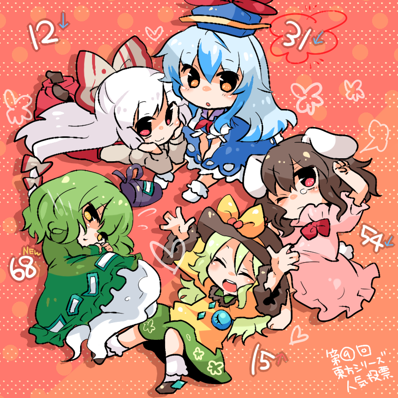 komeiji koishi, fujiwara no mokou, kamishirasawa keine, inaba tewi, and soga no tojiko (touhou) drawn by takamura