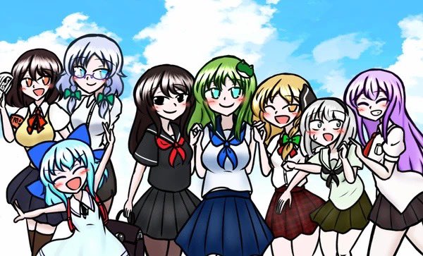 hakurei reimu, kirisame marisa, izayoi sakuya, kochiya sanae, konpaku youmu, and 3 more (touhou) drawn by reivunn