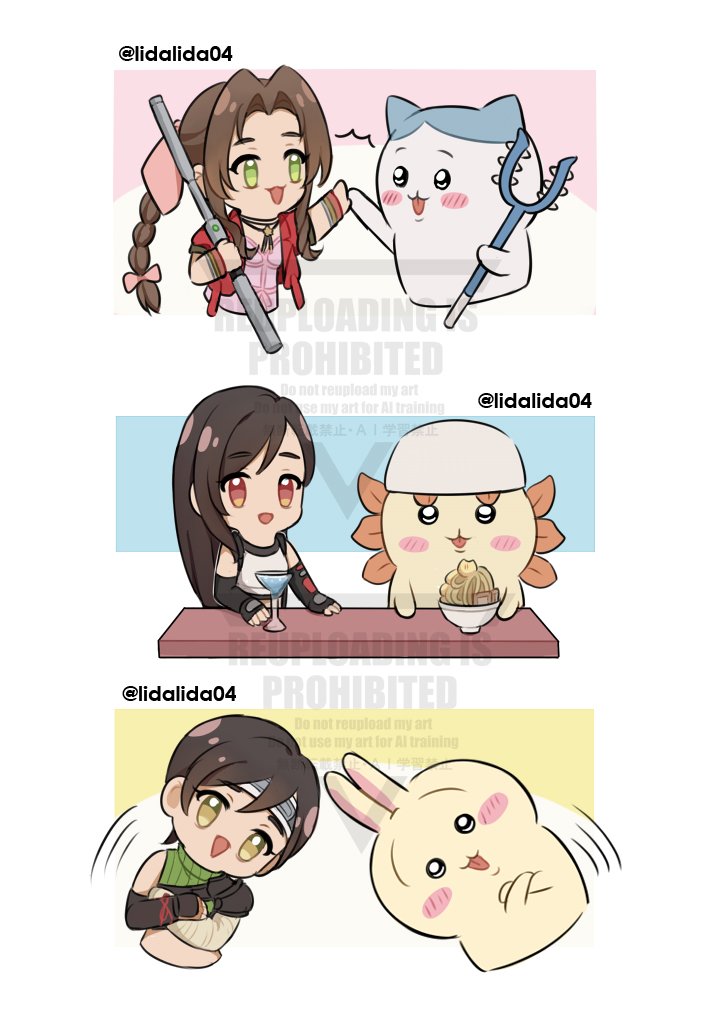 tifa lockhart, aerith gainsborough, yuffie kisaragi, hachiware, usagi, and 1 more (final fantasy and 4 more) drawn by lida_(lidalida04)