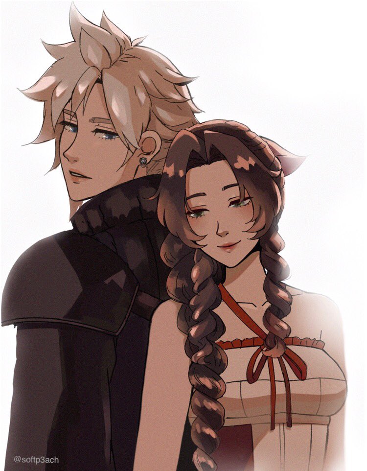 cloud strife and aerith gainsborough (final fantasy and 4 more) drawn by softp3ach