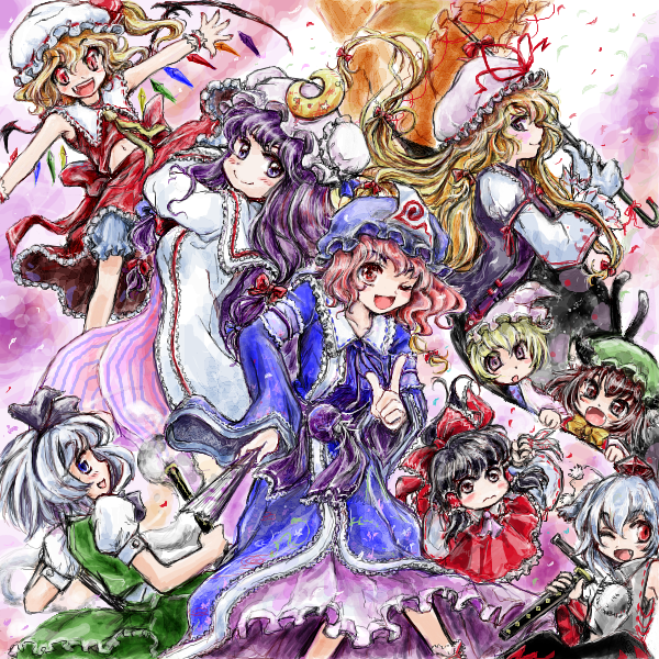 hakurei reimu, flandre scarlet, konpaku youmu, patchouli knowledge, yakumo yukari, and 4 more (touhou) drawn by nanashii_(soregasisan)