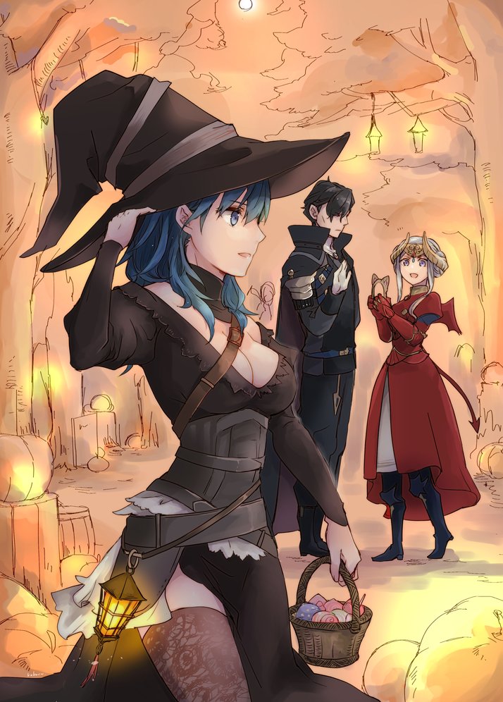 female byleth, edelgard von hresvelg, and hubert von vestra (fire emblem and 1 more) drawn by dandy_(superdive43) and robaco