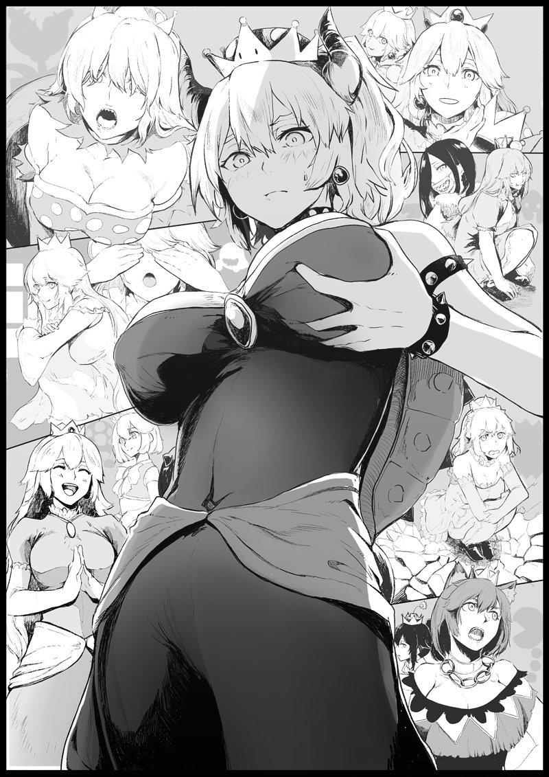 princess peach, bowsette, princess king boo, princess chain chomp, peachette, and 7 more (mario and 2 more) drawn by syatey