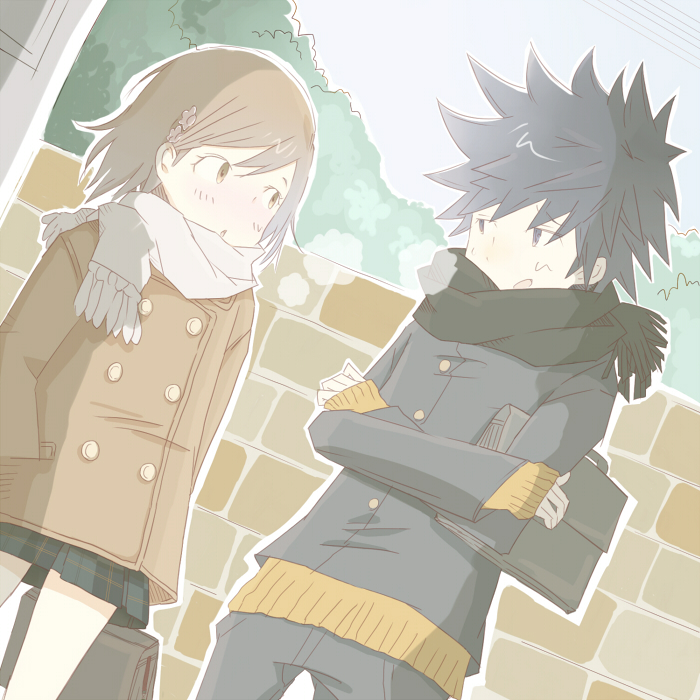 misaka mikoto and kamijou touma (toaru majutsu no index and 1 more) drawn by kanata_(mizubenisumutori)