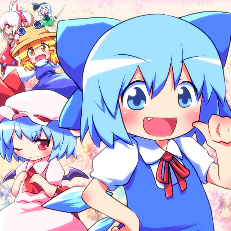 remilia scarlet, konpaku youmu, cirno, fujiwara no mokou, and moriya suwako (touhou) drawn by ayakashi_(monkeypanch)