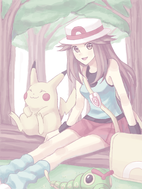 pikachu, leaf, and caterpie (pokemon and 1 more) drawn by sutera_(tegaki)