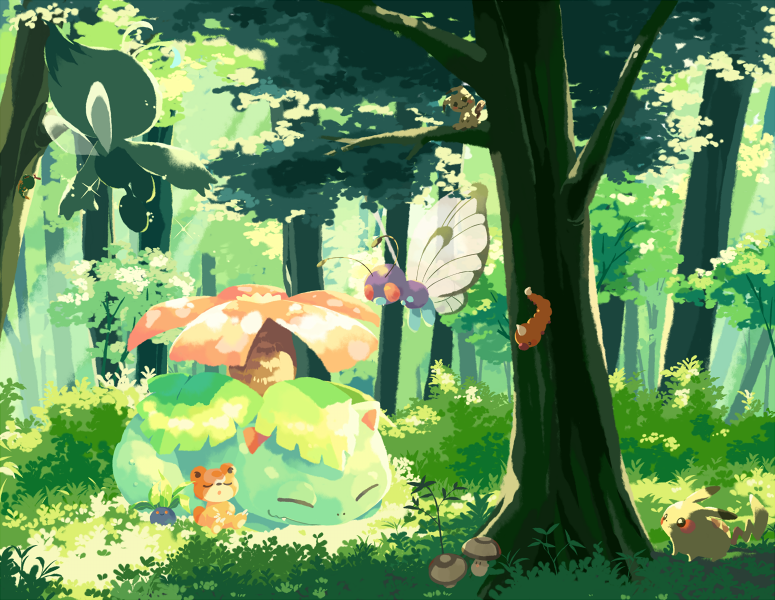 pikachu, mimikyu, venusaur, celebi, oddish, and 4 more (pokemon) drawn by hitofutarai