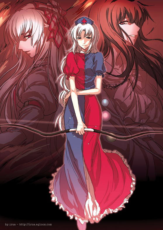 fujiwara no mokou, houraisan kaguya, and yagokoro eirin (touhou) drawn by irua