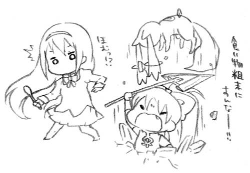 akemi homura, sakura kyoko, and kyubey (mahou shoujo madoka magica) drawn by yamarisu_(ymrs)