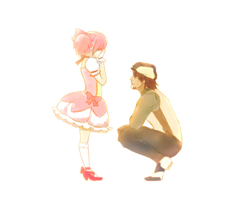 kaname madoka and kaburagi t. kotetsu (mahou shoujo madoka magica and 1 more) drawn by keiko_(schwarz6)