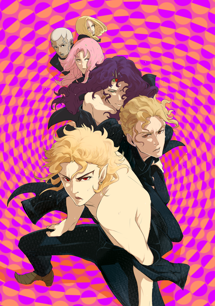 dio brando, kars, kira yoshikage, diavolo, enrico pucci, and 1 more (jojo no kimyou na bouken and 4 more) drawn by boorunrun