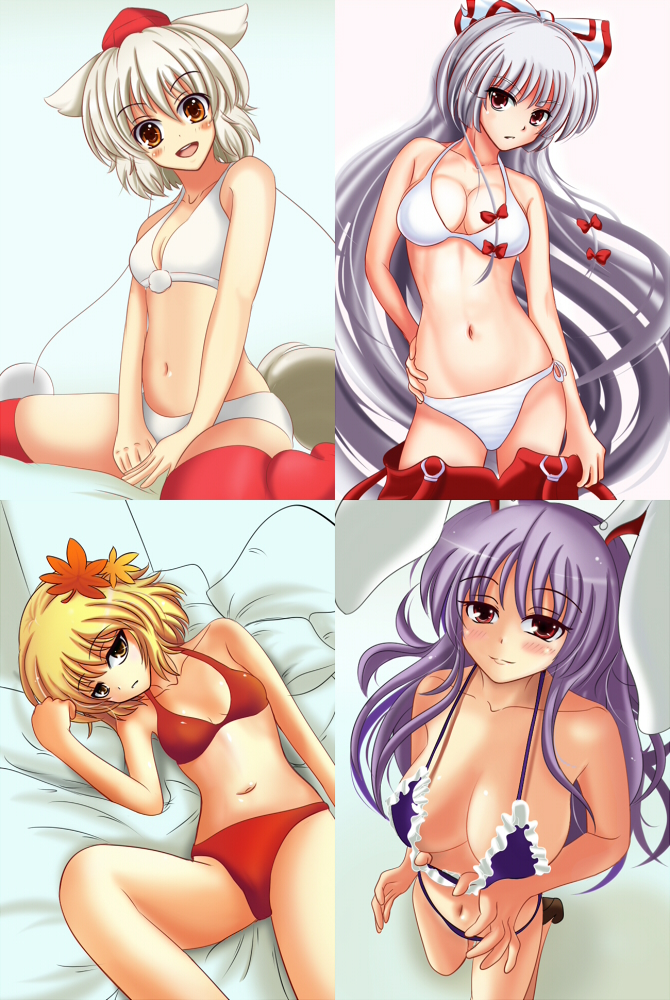 reisen udongein inaba, fujiwara no mokou, inubashiri momiji, and aki shizuha (touhou) drawn by kurowana