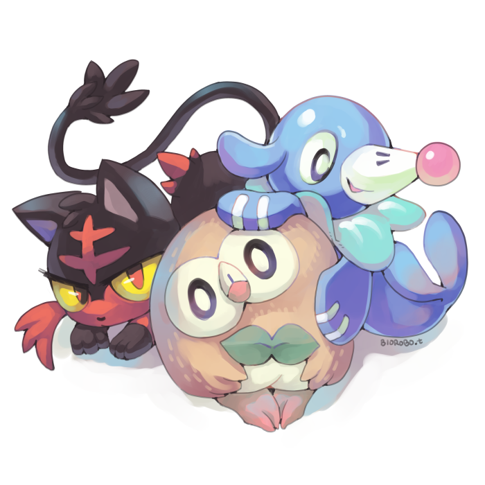 rowlet, popplio, and litten (pokemon) drawn by biorobo