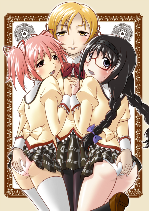 akemi homura, kaname madoka, and tomoe mami (mahou shoujo madoka magica) drawn by harada_shoutarou