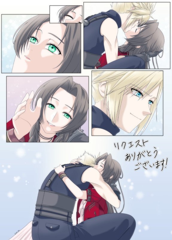 cloud strife and aerith gainsborough (final fantasy and 3 more) drawn by kirishima_saya
