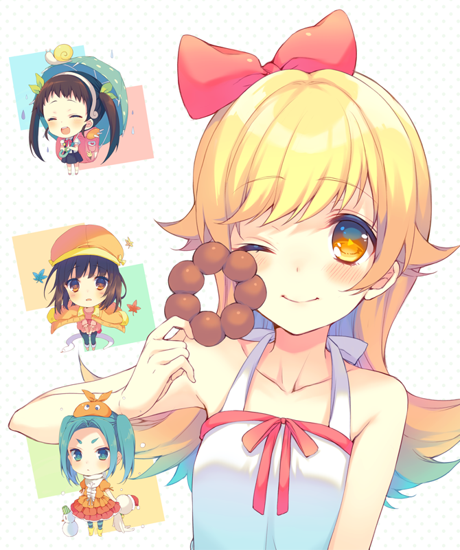 oshino shinobu, sengoku nadeko, hachikuji mayoi, and ononoki yotsugi (monogatari and 1 more) drawn by reia